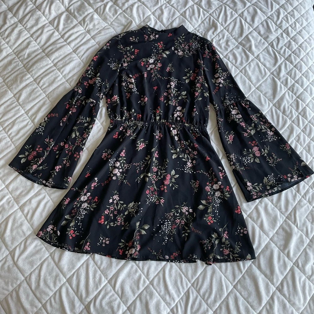 H&M Divided Black Floral Bell Sleeve Mini Dress